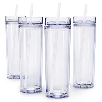 Skinny Clear Tumbler with Lid and Straw | 16oz Premium Acrylic, Insulated Double Wall Plastic Reuse