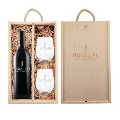 Laser-Engraved Wood Box w/Custom Etched Wine Bottle + Glasses