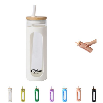20 Oz Bamboo Lid Glass Tumbler with Silicone Sleeve and Straw