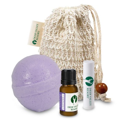 Loofah Bag with Bath Bomb, Essential Oil, and Lip Balm