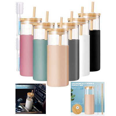 17 Ounces Glass Tumblers with Bamboo Lid Straw