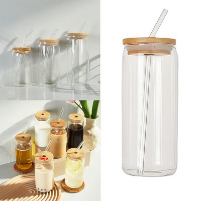 16oz Drinking Glasses With Bamboo Lids And Glass Straw