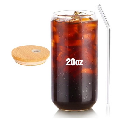 20oz Drinking Glasses With Bamboo Lid, Can Shaped Glass Cups, Tumbler Whiskey Cup, Cocktail Glasses