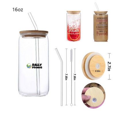 16oz Glass Cups With Bamboo Lid And Glass Straw