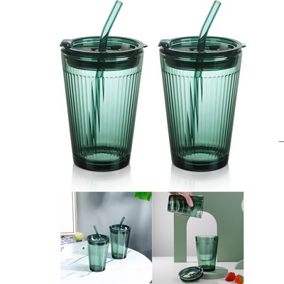 Glass Tumbler with Straw and Lid Green Glasses Water Cup with Straw