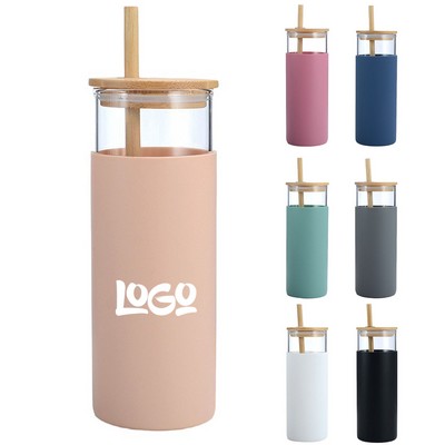 17oz Reusable Bamboo Lid Glass Cup w/ Straw