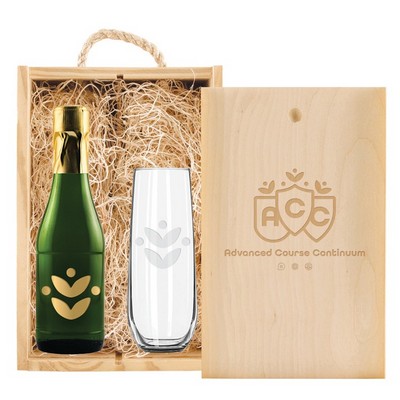 Laser-Engraved Double Half-Sized Wood Box w/Etched Mini Sparkling Wine + Flute