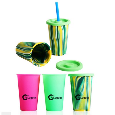 16oz Silicone Tumbler Cup with Straw and Lid Unbreakable BPA Free
