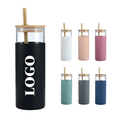17oz Glass Bottle With Bamboo Lid and Straw with Protective Silicone Sleeve