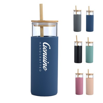 17oz Glass Tumbler with Bamboo Lid Straw and Non-Slip Silicone Sleeve